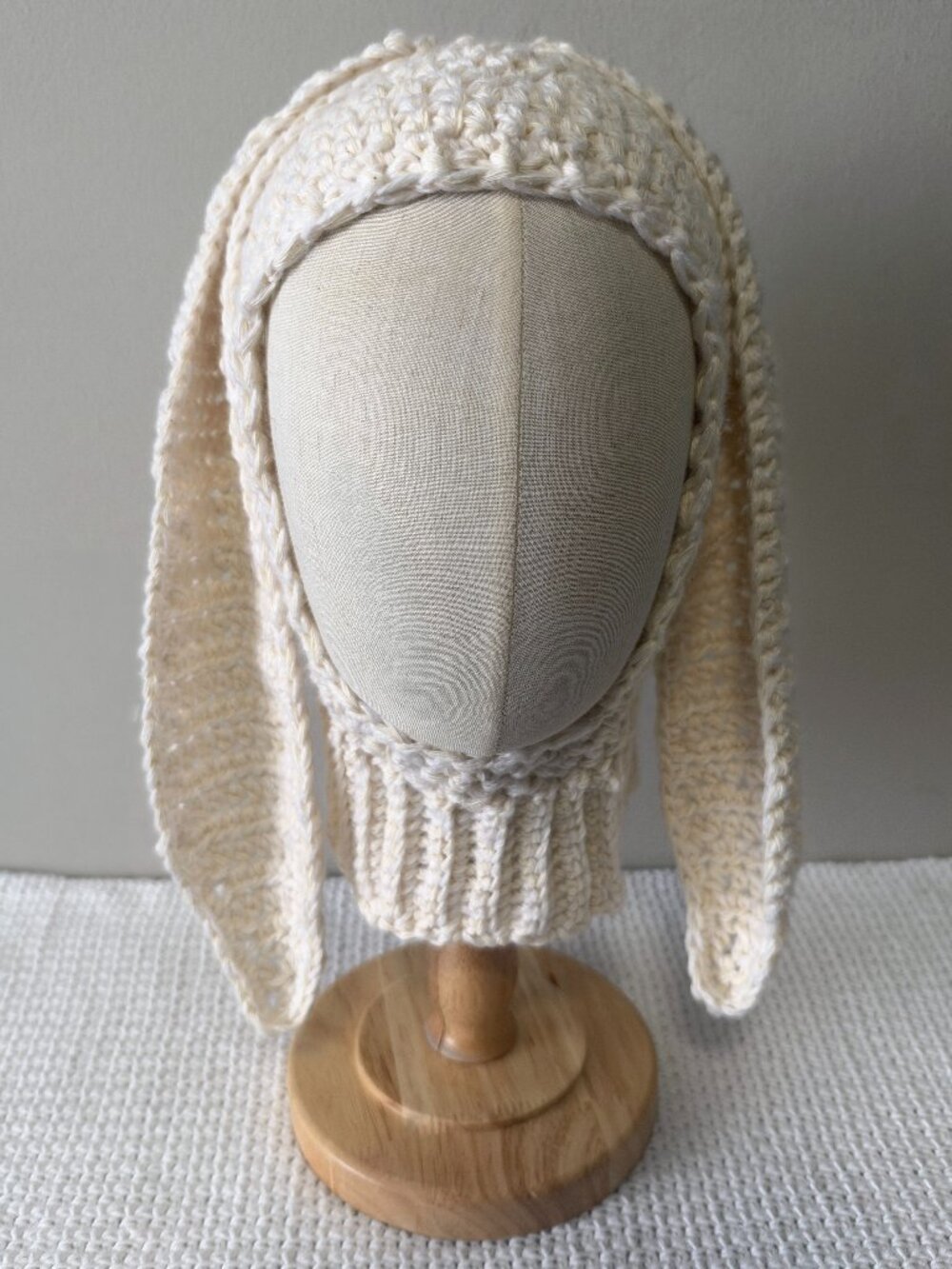 Handmade Crochet Cream White Balaclava Bunny Ear Hood